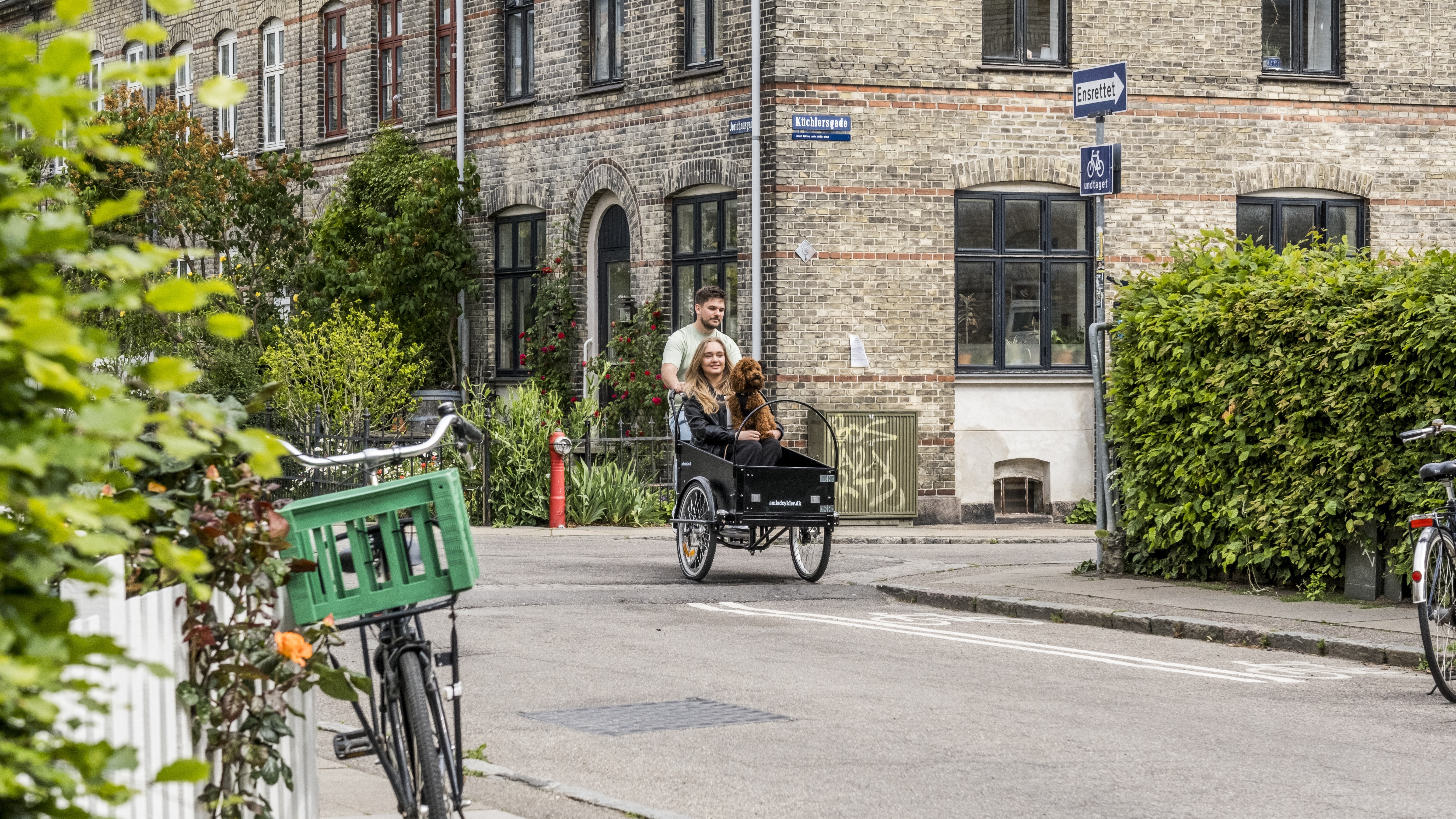 Two people with a dog biking in Copenhagen
