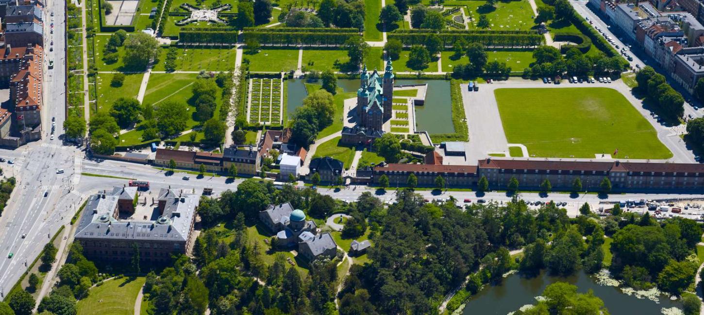 Arial shot of King's Garden and Rosenborg Castle in central Copenhagen.