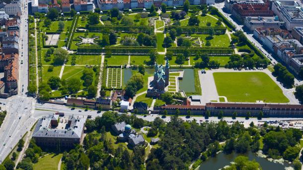 Arial shot of King's Garden and Rosenborg Castle in central Copenhagen.