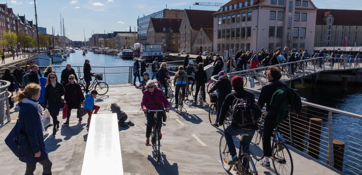 Cyclists crossing a bike bridge