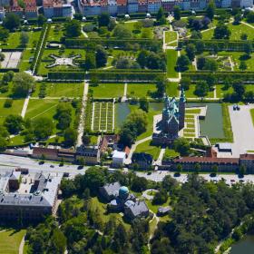 Arial shot of King's Garden and Rosenborg Castle in central Copenhagen.